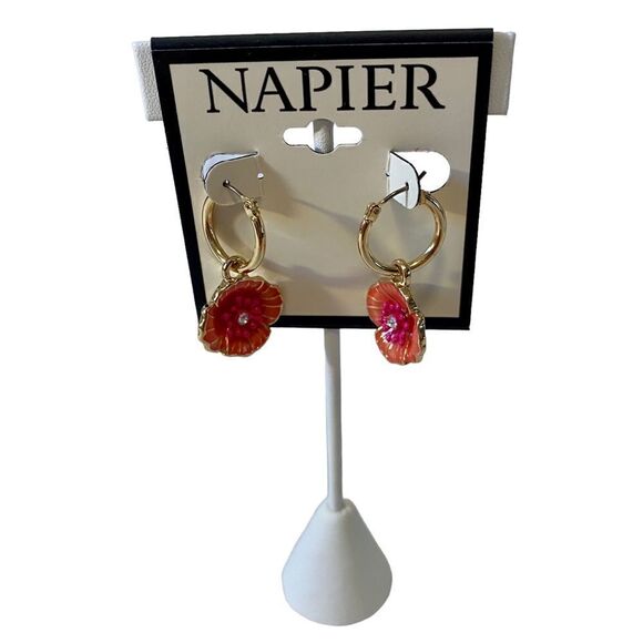 Napier Orange, Pink & Gold Toned Hoop Drop Earrings. Very Cute! - Picture 2 of 6